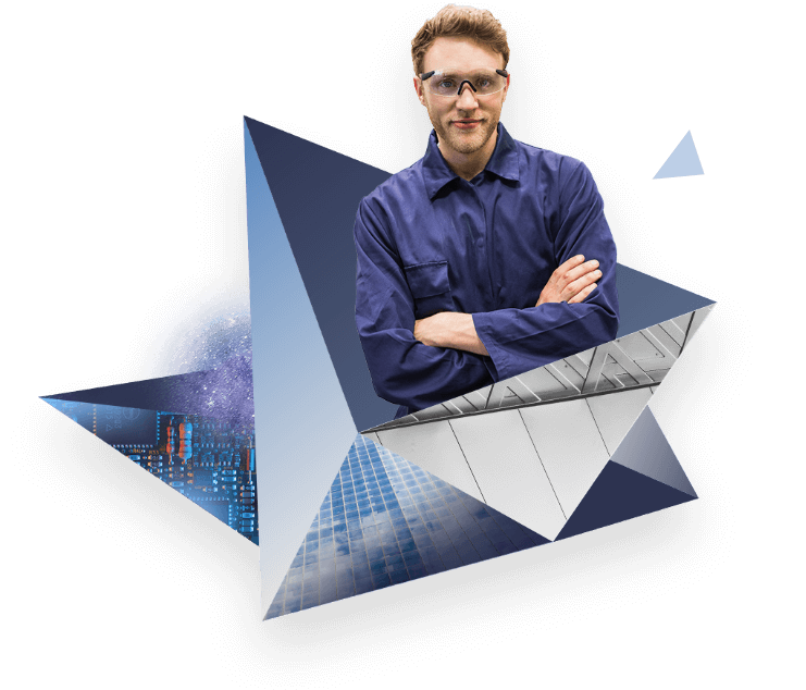 Technical collage graphic of man and polygon with industrial textures